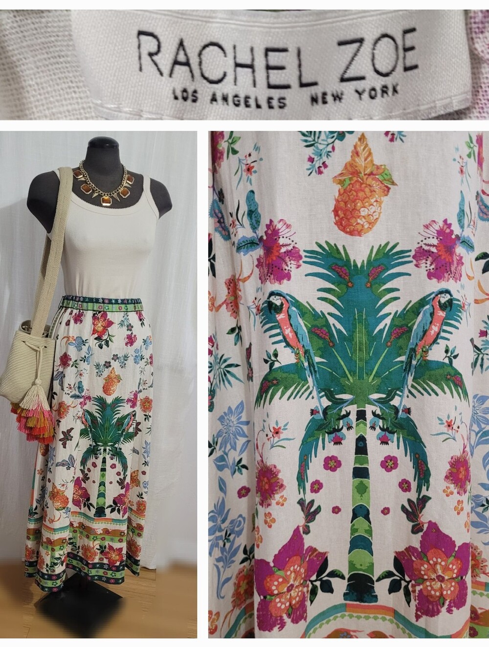 Rachel Zoe White Maxi Skirt with Teal & Pink Tropical Print
